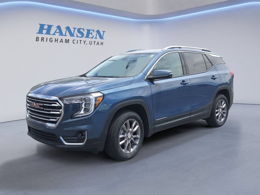 2024 GMC Terrain SLT in Downpour Metallic — front three-quarter view