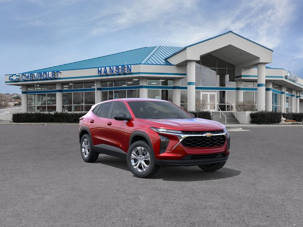 2026 Chevrolet Trax LS in Apex Red — front three-quarter view
